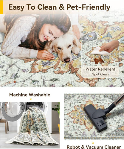 RELEANY Area Rugs Large 10'x14' Washable Non-Slip, Floral Vintage Distress Medallion Carpet for Living Room Bedroom Dining Room, Beige Carbon Grey Orange