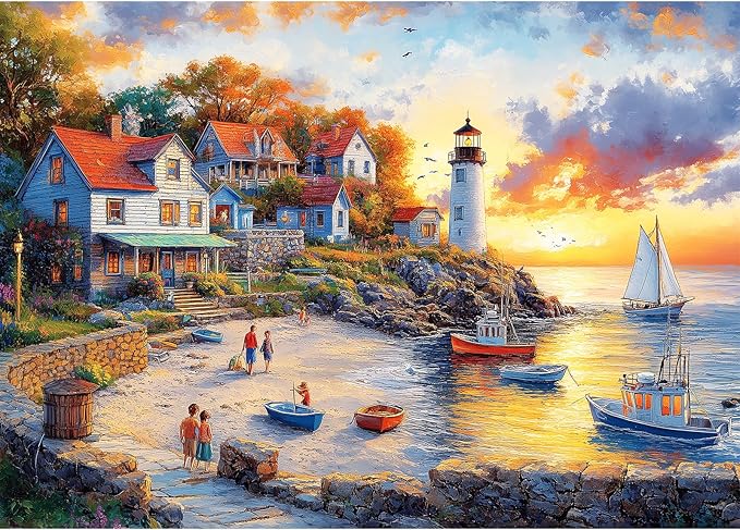 1000 Pieces Puzzles for Adults, Fall Seaside Puzzle, Fishing Village Jigsaw Puzzles 1000 Pieces, Creative Play Holiday Party Gifts Artwork Wall Home Decor, Funny Puzzle for Adults, 28×20 in