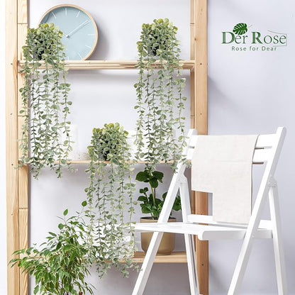 Der Rose 3Pcs Fake Plants Hanging Artificial Decor Faux Potted Eucalyptus Plants for Boho Bathroom Home Office Desk Wall Shelf Bookcase Accessories Decor Indoor