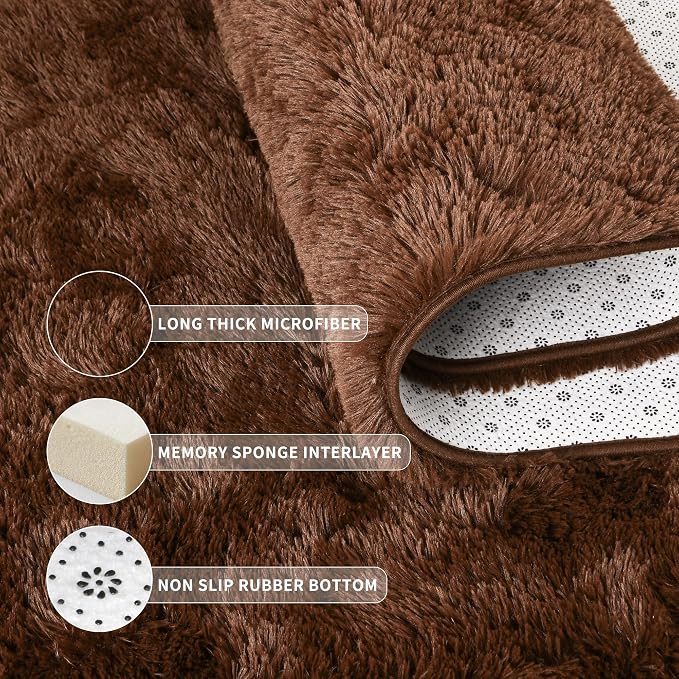Tepook 9x12 Brown Area Rugs for Living Room Bedroom, Soft Fluffy Plush Shaggy Girls Boys Kids Room Rug, Shag Upgrade Non-Slip Throw Carpet for Dorms Nursery Classroom Home Decor
