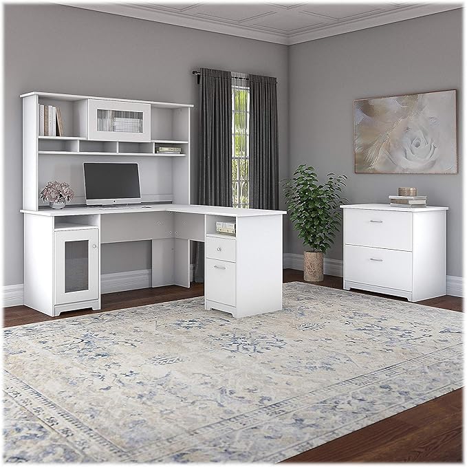 Bush Furniture Cabot L Shaped Computer Desk in White | Corner Table with Drawers and Storage for Personal Home Office Workspace