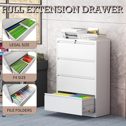 4 Drawer Lateral File Cabinet with Lock, Metal File Cabinet, Lateral File Cabinets for Home Office, Heavy Duty File Storage Cabinet for Legal/Letter/A4 Document, Assembly Required, White