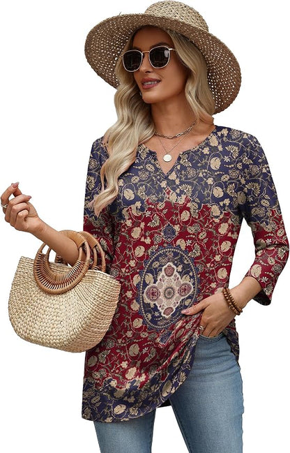 OFEEFAN Summer Boho Tops For Women 3/4 Length Sleeve Womens Tops Vacation Outfits