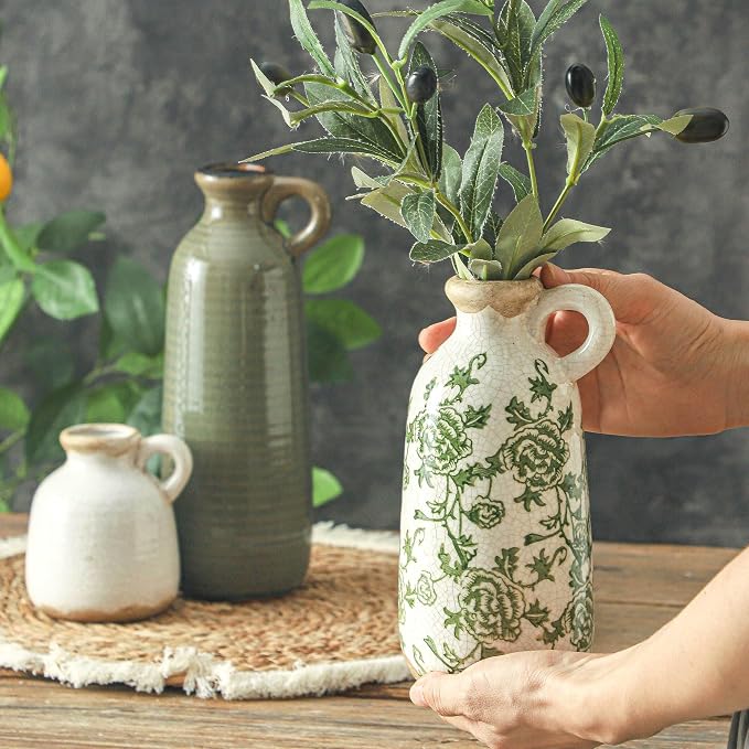 Vintage Vase Set of 3 with Handle, Ceramic Vintage Rustic Vases Home Decor Farmhouse Decorative Vase Pottery Decor Modern for Table Mantel Entryway Bookshelf Living Room Kitchen Bedroom - Green