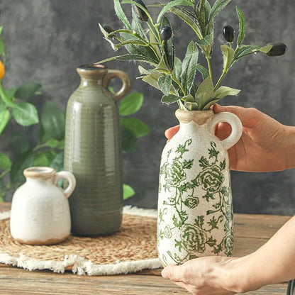 Vintage Vase Set of 3 with Handle, Ceramic Vintage Rustic Vases Home Decor Farmhouse Decorative Vase Pottery Decor Modern for Table Mantel Entryway Bookshelf Living Room Kitchen Bedroom - Green