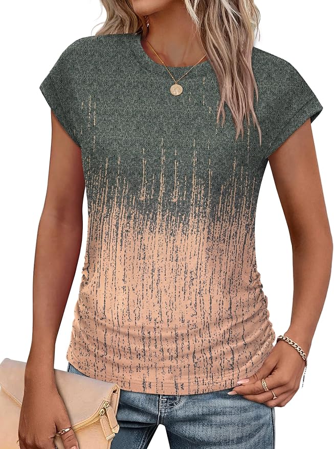 Sampeel Womens Summer Tops Trendy 2026 Ruched Cap Short Sleeve Tshirts Shirts Crew Neck T Shirts Fashion