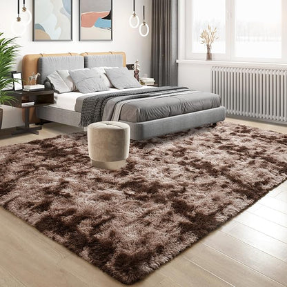 Tepook 4x6 Area Rugs for Living Room Bedroom, Soft Fluffy Plush Shaggy Girls Boys Kids Room Rug, Shag Upgrade Non-Slip Throw Carpet for Dorms Nursery Classroom Home Decor, Tie-Dyed Brown