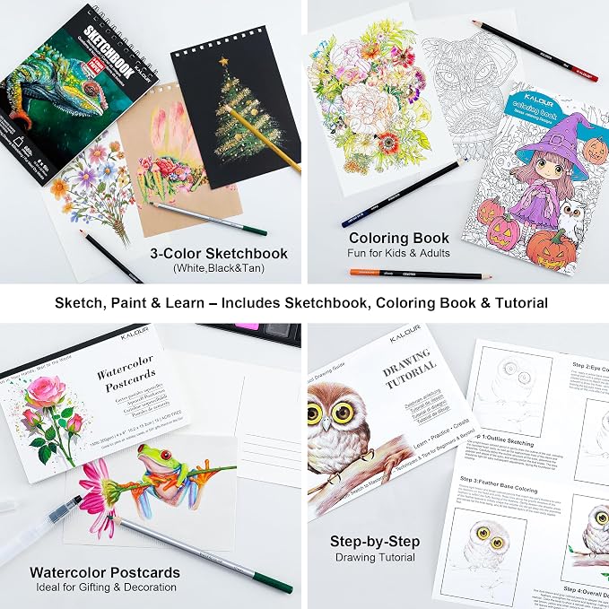 KALOUR 135 Drawing Set Sketching Kit,Art Supplies with 3-color Sketchbook & Coloring Paper,Include Tutorial, Oil Based, Neon,Graphite, Charcoal, Watercolor & Metallic Pencil,for Artist Adults Beginner
