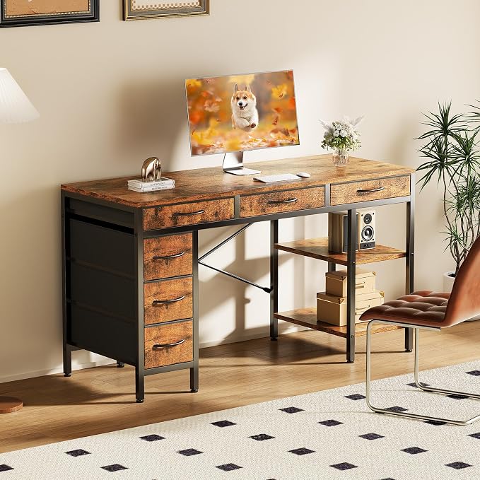 Sweetcrispy 55" Computer Desk with 6 Fabric Drawers & Storage Shelves | Reversible Gaming Desk, Office Desk, Computer Workstation, Corner Desk with Storag, Home Office, Living Room, Rustic Brown