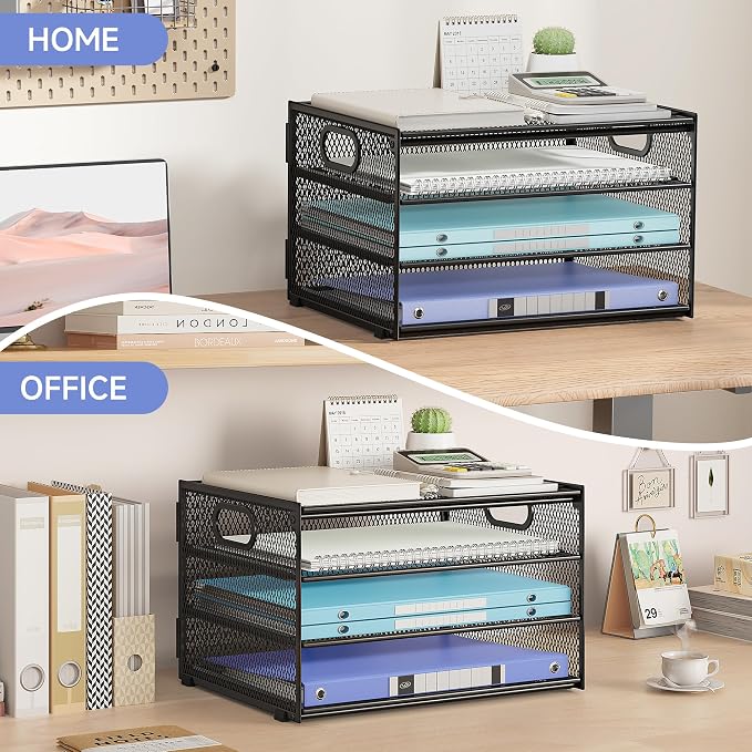 Subekyu Paper Letter Tray Organizer for Desk, Black Metal Mesh Desk File Sorter Organizer with Handle and 2 Sliding Trays for Home Office School Supplies Organization