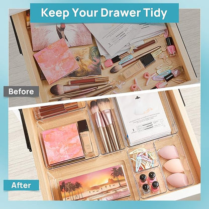 Vtopmart 72 PCS Clear Plastic Drawer Organizers Set, 4-Size Versatile Bathroom and Vanity Organizer Trays, Non-Slip Storage Containers for Makeup, Jewelries, Bedroom，Kitchen Utensils and Office | 4-Size Versatile Makeup Organizer, Non-Slip Storage Cont...