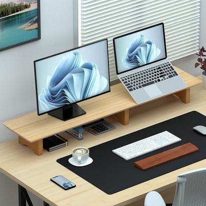 Aothia Large Dual Monitor Stand Riser, Solid Wood Desk Shelf with Eco Cork Legs for Laptop Computer/TV/PC/Printers, Perfect Desktop Stands Organizer with Underneath Storage for Office Accessories