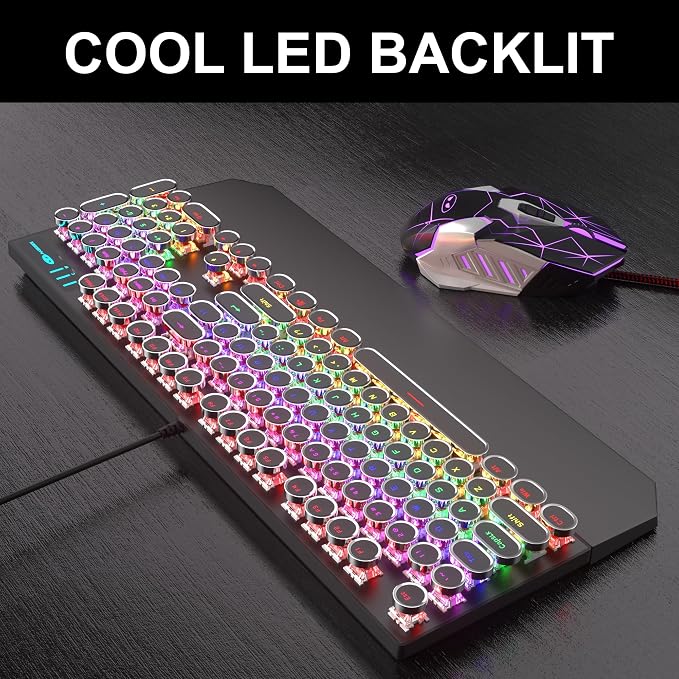 Retro Typewriter Keyboard and Mouse Combo, Cute Black Keyboard with Linear Red Switches, Full Size Wired Mechanical Gaming Keyboard, Cool Light Up Keyboard and Mouse for Gaming,Work,Mac,PC,Windows