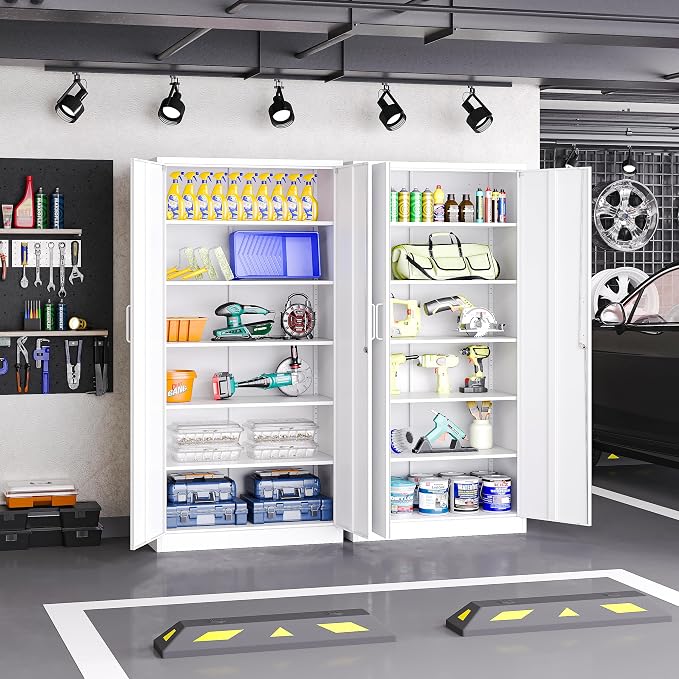 Metal Storage Cabinet with Lock,Tall White File Cabinet with 2 Doors and 5 Adjustable Shelves,Steel Storage Cabinets for Garage,Home Office,Pantry,School,Hospital