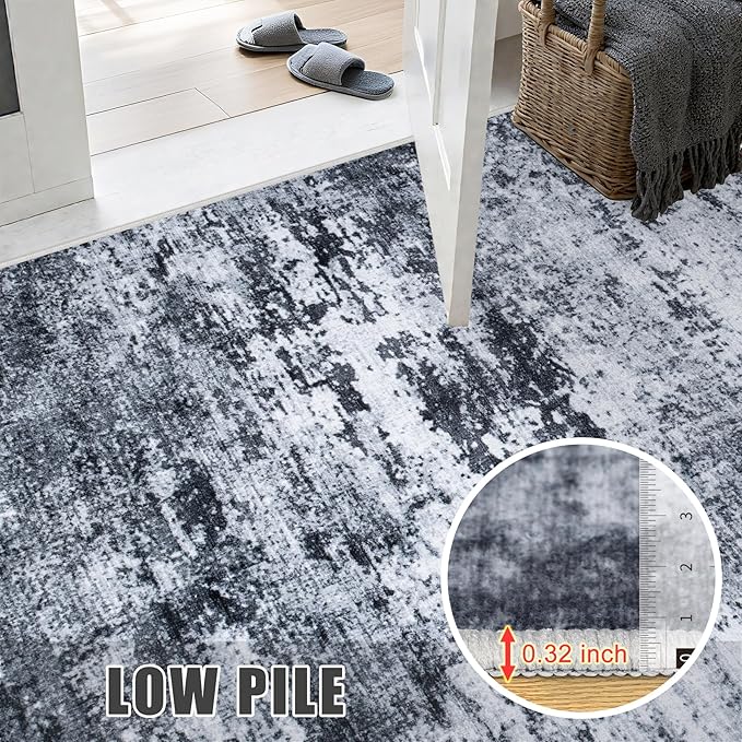 Round Area Rug for Living Room: 8 ft Washable Modern Abstract Soft Thin Rug Indoor Floor No Slip Stain Resistant Carpet for Bedroom Dining Room Farmhouse Nursery Home Office - Black