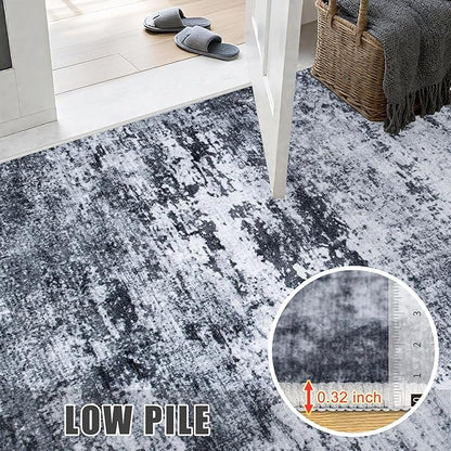 Round Area Rug for Living Room: 8 ft Washable Modern Abstract Soft Thin Rug Indoor Floor No Slip Stain Resistant Carpet for Bedroom Dining Room Farmhouse Nursery Home Office - Black