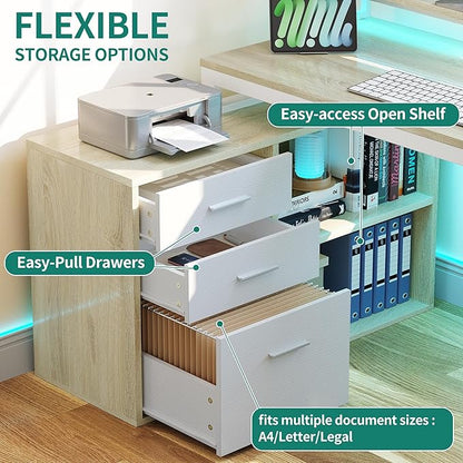 YITAHOME L Shaped Desk with Power Outlets & LED Lights & File Cabinet, 55" Corner Computer Desk with 3 Drawers & 2 Storage Shelves, Home Office Desk with Monitor Stand, Oak & White