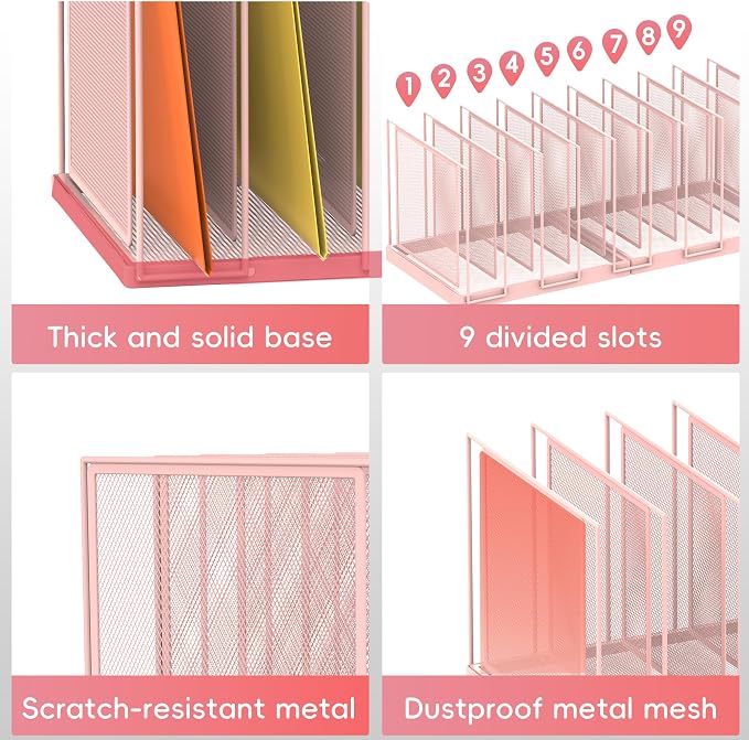 9-Section Desk File Organizer, Vertical File Holder, Mesh Desktop File Folder Metal File Organizer Stand for Office Home Classroom, Pink