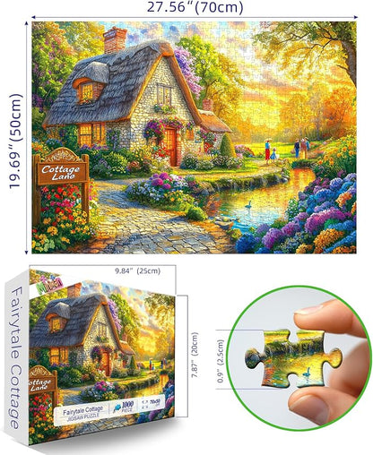 Fairy Tale Cottage 1000 Piece Jigsaw Puzzle for Adults - Scenic House Garden with Sunset & Colorful Flowers Landscape Challenging Puzzle Games Fun Family Activity （27.6" x 19.7"）