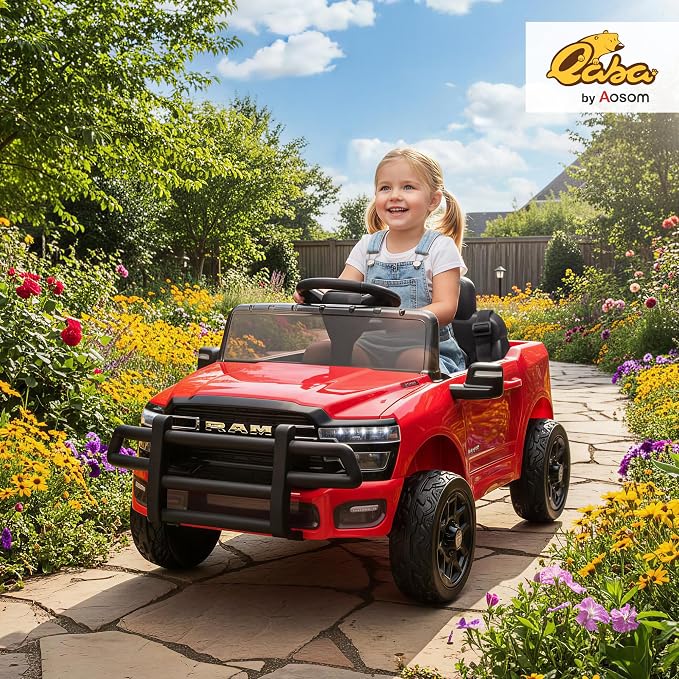 Qaba 12V Kids Ride on Car, Licensed Dodge RAM 3500 Electric Car for Kids with Dual Motors, Parent Remote Control, Rear Suspension, Power Display, Bluetooth Music and LED Lights, Red