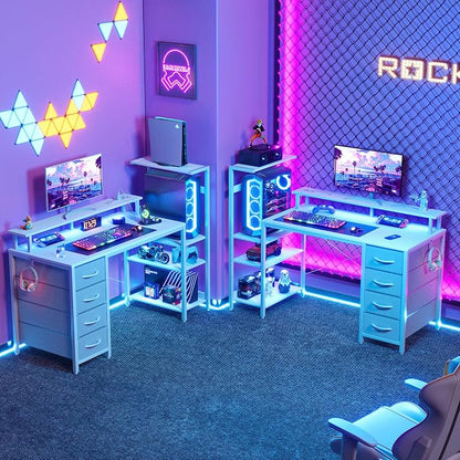 51 Inch Gaming Desk with Drawers & PC Tower Stand & LED Lights, White | Reversible, Monitor Shelf, Power Outlets, Carbon Fiber, Mesa Gamer, Computer Desk with Storage, Gaming Table for Home Office