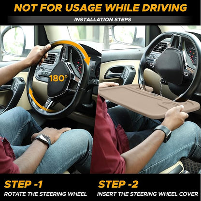 EcoNour 2 in 1 Car Steering Wheel Desk (Beige) | Steering Wheel Tray for Laptop, Eating, Drinks | Rectangular ABS Car Tray with Pen Holder & Cup Holder