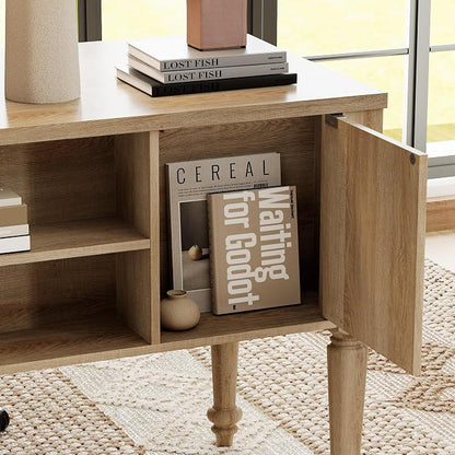 WAMPAT Home Office Furniture Set, 56'' Executive Desk with Charging Station, 72" Tall Bookcase with 4 Glass Doors, Wood Computer Desk with File Cabinet Storage, Open Shelf, Oak
