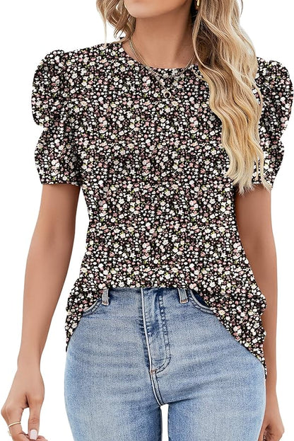Ivicoer Puff Short Sleeve Shirt for Women Eyelet Tops Summer Crewneck Blouse Loose Fit S-XXL