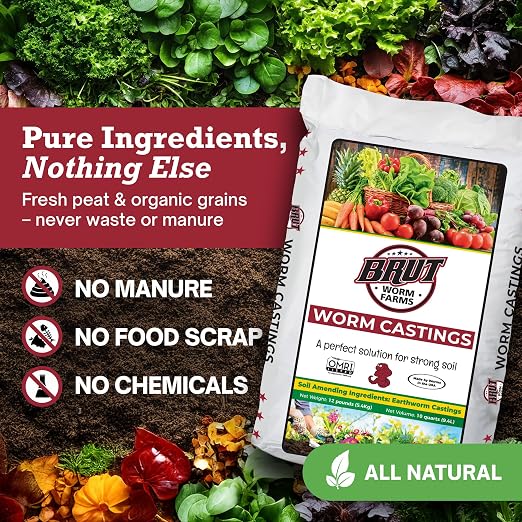 Brut Organic Worm Castings for Plants 12 LB – Natural Nutrients, Fertility Builder, Plant Food for Potting Soil and Garden Soil – Indoor and Outdoor Use