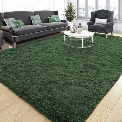 Tepook Fluffy Dark Green Rugs for Living Room Bedroom, 9x12 Soft Area Rug Forest Hunter Green Kids Girls Boys Rug, Indoor Plush Shaggy Non-Slip Carpet for Nursery Classroom Dorm Home Decor