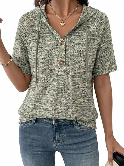 Dokotoo Womens Summer Tops 2026 Short Sleeve Button V Neck Waffle Knit Lightweight Drawstring Hoodies Casual Blouses Shirts