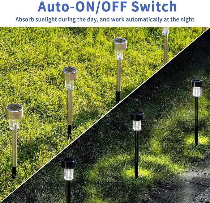 GIGALUMI Solar Pathway Lights, Stainless Steel IP44 Waterproof Auto On/Off Outdoor LED Solar Landscape Lights for Garden, Yard, Patio, Path and Walkway(20 Pack, Cold White)