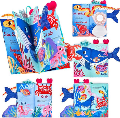 JoyCat Baby Books 0-6-12 Months - Ocean Tummy Time Toys Mirror - Montessori Sensory Activity Cloth Book with 3D Crab & Fish - Newborn Easter Basket Stuffers