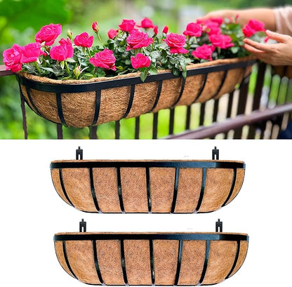 LaLaGreen Railing Planter Box (24 Inch, 2 Pack) Black Metal Rectangular Hanging Planters with Coco Liner, Flower Boxes Brackets for Deck Railings Outdoor Plants Over Rail Fence Balcony Patio Porch