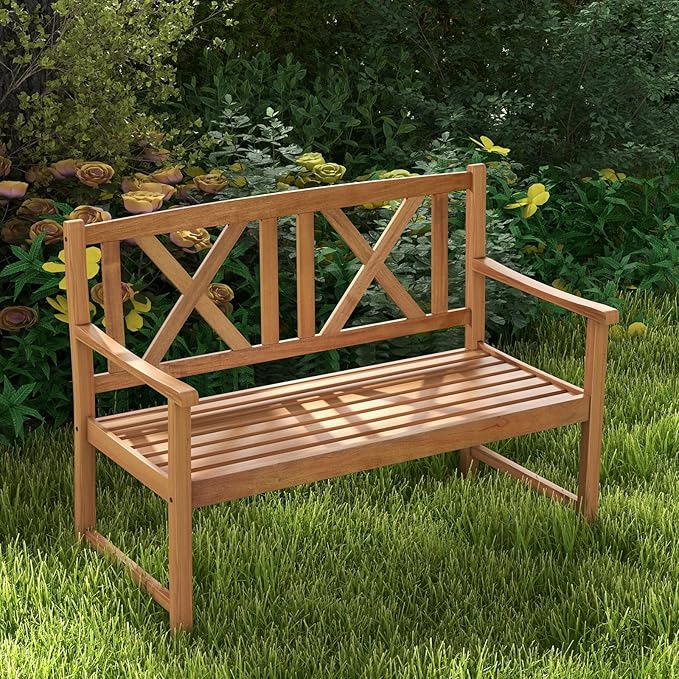 Giantex Patio Garden Bench Loveseat - 2-Person Acacia Wood Bench with Armrest, Backrest, Sturdy Frame, 800lbs Capacity, Outside Park Bench for Patio, Yard, Front Porch, Outdoor Garden Bench, Natural