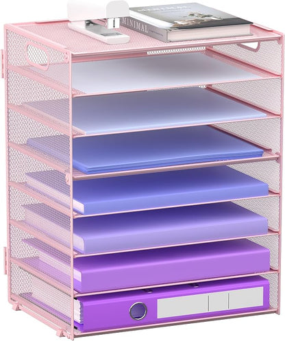 8 Tier Paper Letter Tray Organizer with Handles for Desk (Pink) | Mesh Desk File Holder Storage Organization for Home School Classroom & Office