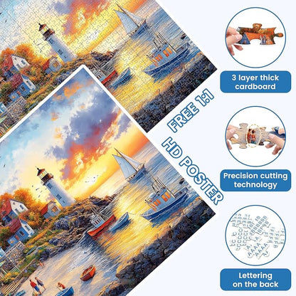1000 Pieces Puzzles for Adults, Fall Seaside Puzzle, Fishing Village Jigsaw Puzzles 1000 Pieces, Creative Play Holiday Party Gifts Artwork Wall Home Decor, Funny Puzzle for Adults, 28×20 in