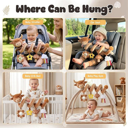 Stuffed Highland Cow Spiral Car Seat Toys for Babies 0-3-6-12 Months, Infant Stroller Toy with Mushroom Pendant & Star Teether Hanging, Cute Baby Registry Search & Shower Gifts for Newborns