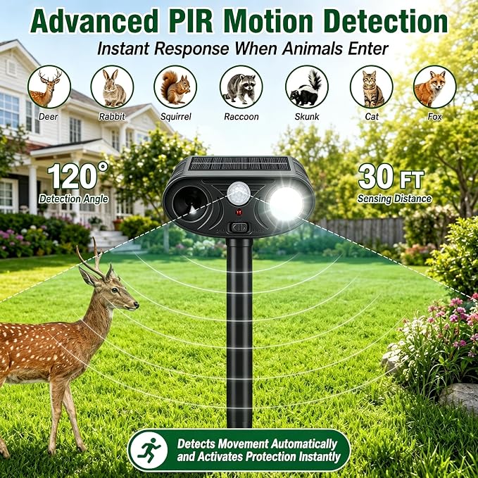 2026 new Solar Animal Repellent Ultrasonic Outdoor with Light Deer Repellent Devices Ultrasonic Cat Repellent Outdoor Fox Raccoon Rabbit Squirrel Coyote Deterrent Waterproof for Yard & Garden Black