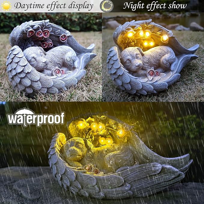 Solar Dog Garden Statues Outdoor Décor- Dog Figurines Solar LED Light Lawn Ornaments - Yard Decorations for Patio, Balcony, Backyard -Unique Birthday House Warming Gifts for Mom