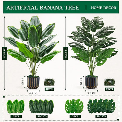 Der Rose 2 Pack 28" Tall Bird of Paradise Artificial Plants and Artificial Monstera Plants Tropical Fake Potted Banana Tree Faux Plants Indoor and Outdoor for Home Office Living Room Porch Decor