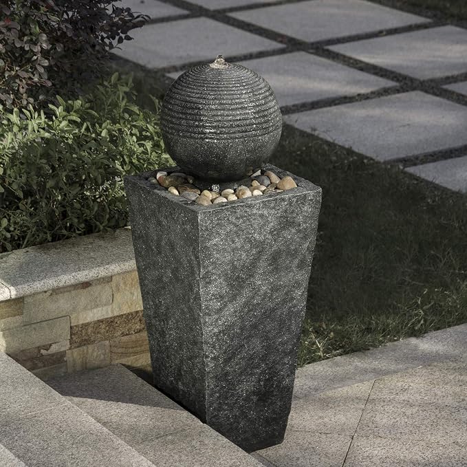 Glitzhome Outdoor Water Fountain with LED Light, Decorative Sphere Pedestal Outdoor Fountain with Submersible Pump, Vintage Waterfall Fountains for Garden Patio Deck Porch, 31.69”H