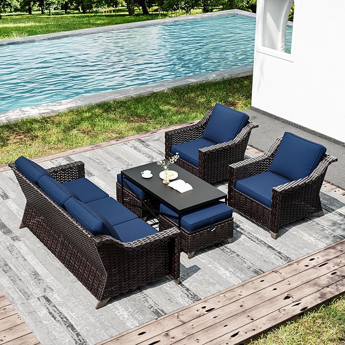 Joyside Wicker Patio Furniture Sets, 6 Pieces Upgraded Large Size Outdoor Furniture with Patio Dining Chairs, 3-Seat Sofa and Outdoor Ottoman, Thick Cushions, Wide Armrest