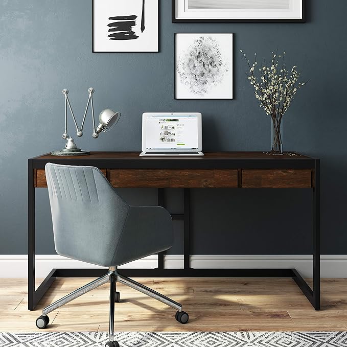 SIMPLIHOME Erina SOLID WOOD and Metal Modern Industrial 60 inch Wide Home Office Desk, Writing Table, Workstation, Study Table Furniture in Farmhouse Brown with 2 Drawers