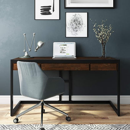 SIMPLIHOME Erina SOLID WOOD and Metal Modern Industrial 60 inch Wide Home Office Desk, Writing Table, Workstation, Study Table Furniture in Farmhouse Brown with 2 Drawers
