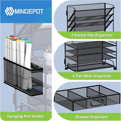 MINDEPOT 4-Tier Paper Organizer + 3-Pocket File Holder + Drawer + Pen Holders, Desktop File Organizers Paper Tray for Office Supplies School Classroom Organization (White, with Drawer & Pen Holder)