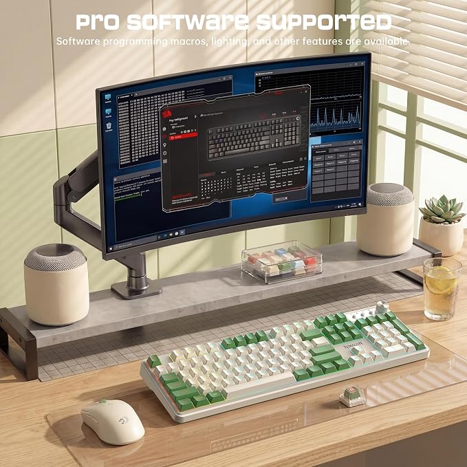 Redragon RM104 Wireless Gaming Keyboard with Knob, Tri-Mode BT/2.4G/USB-C RGB Computer Keyboards, 4000mAh Battery, Programmable Software Support, Anti-Ghosting, Compatible with PC Mac - White & Green