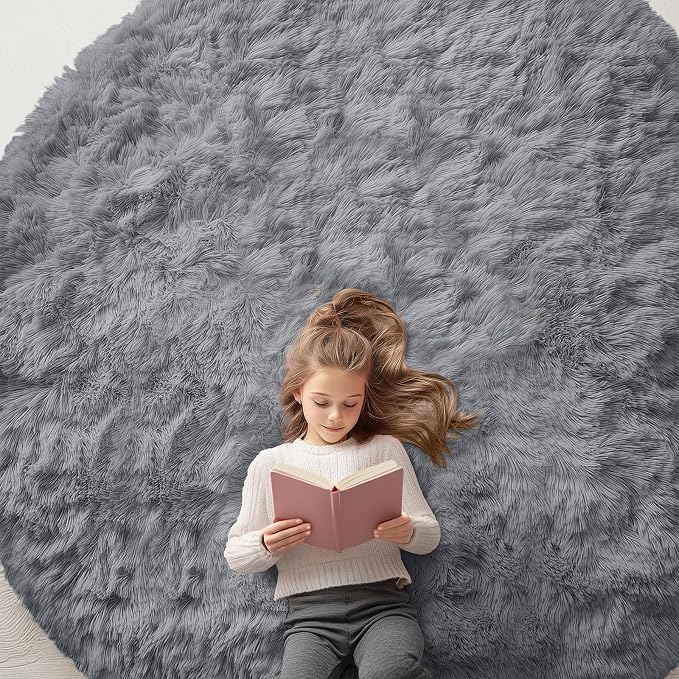 OLANLY Light Grey Round Rugs for Bedroom - Machine Washable, 8 ft Circle Area Rugs for Living Room, Soft and Fluffy Shaggy Carpet for Teen Girls and Boys, Nursery Rooms, Dorms, Home Decor Aesthetic
