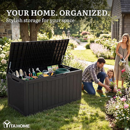 YITAHOME 100 Gallon Outdoor Storage Box | Large Water Resistant Resin Deck Box, Indoor Outdoor Lockable Storage Container for Patio, Garden, Cushions, Tools, Equipment