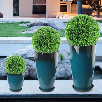 24-21-11 Inch Tall Planters Set of 3, Indoor Outdoor Blue Glossy Round Planter with Drainage Hole and Saucer, Large Decorative Plant Pots for Home Garden Porch (Blue)